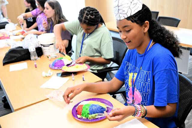 Kaylee Dixon, complete with a brain cap, finishes icing a cake in different colors to represent the different lobes of the brain during one of many hands-on labs for middle and high school students at Wilkes University’s Women Empowered By Science this week. Mark Guydish | Times Leader