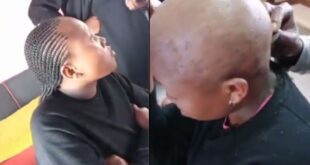 Lady with unpaid bill gets head shaved.