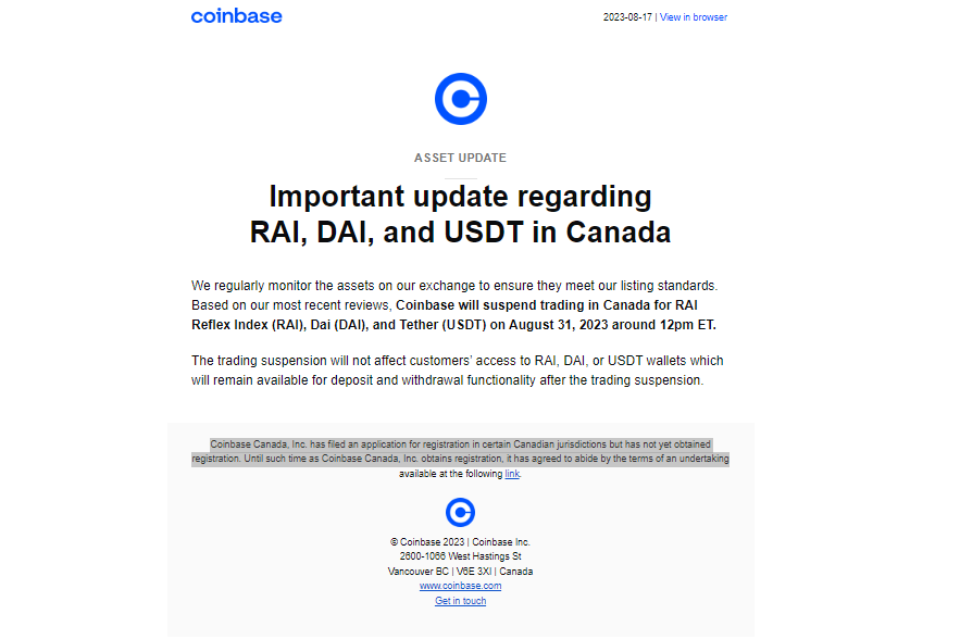 Coinbase halts USDT trading for Canadian users.