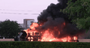 Tanker truck overturns, ignites on US 75 in Plano.