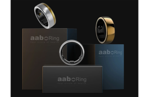 Three Aabo Rings on three podiums on a black background.