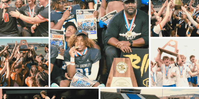 <ol>
<li>Record-breaking football team dominates state championship.</li>
<li>Basketball star leads team to historic win.</li>
<li>Soccer team wins district title in dramatic fashion.</li>
<li>Cross country runner breaks school record at regionals.</li>
<li>Volleyball team surprises with upset victory in playoffs.</li>
<li>Baseball team advances to state with perfect season.</li>
<li>Track star sets new record in 100m dash.</li>
<li>Softball pitcher throws perfect game in playoffs.</li>
</ol>