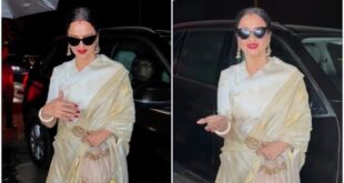 Rekha stuns in silk saree and red lips.